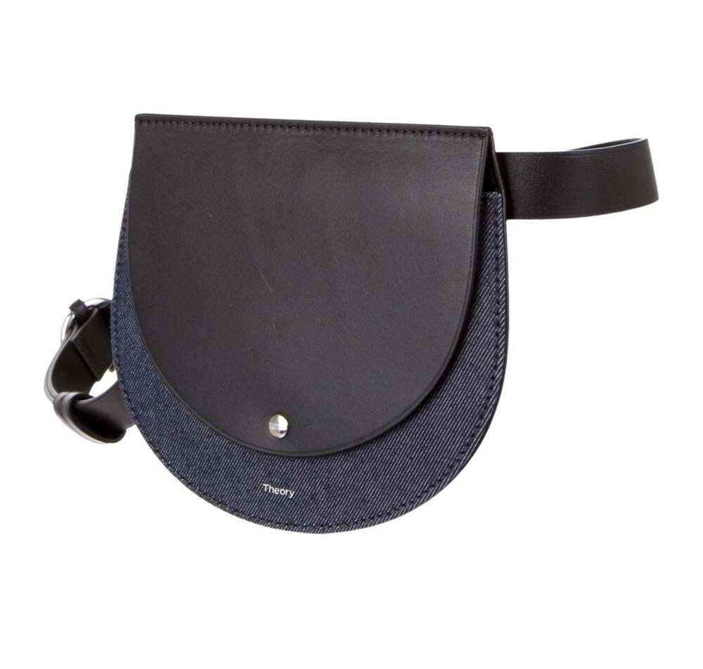 Theory Post Saddle Belt Bag in Black Leather and Navy Denim